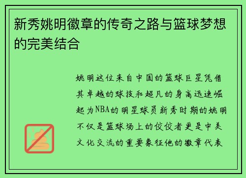 新秀姚明徽章的传奇之路与篮球梦想的完美结合